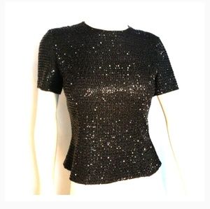 Vintage Silk Oleg Cassini Black Tie Beaded Black Blouse Top size 6